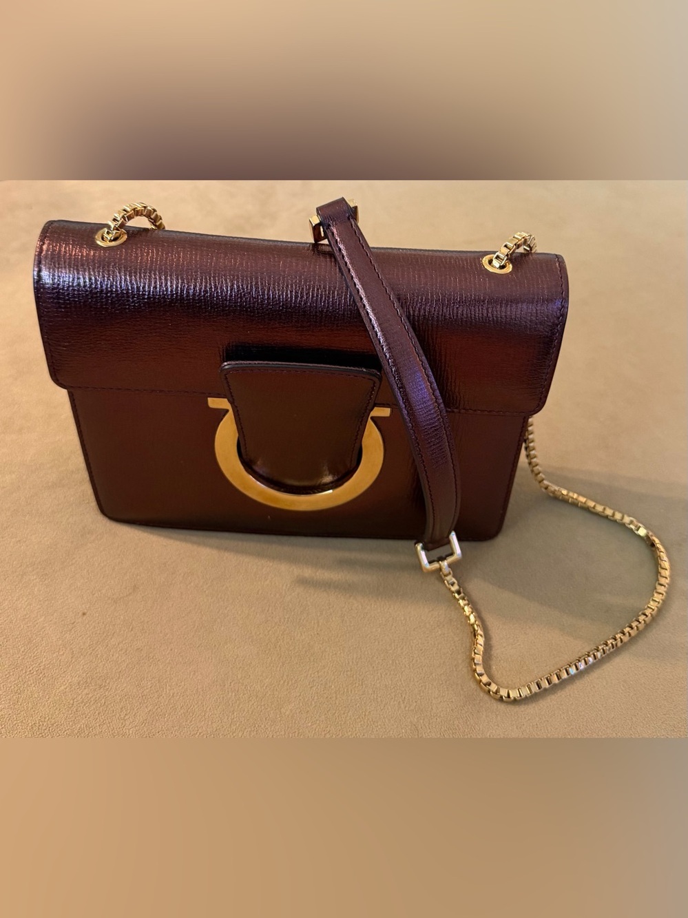 Elegant Metallic Burgundy Thalia Shoulder Bag with Gold Accent 8x6x2 - Picture 3 of 11